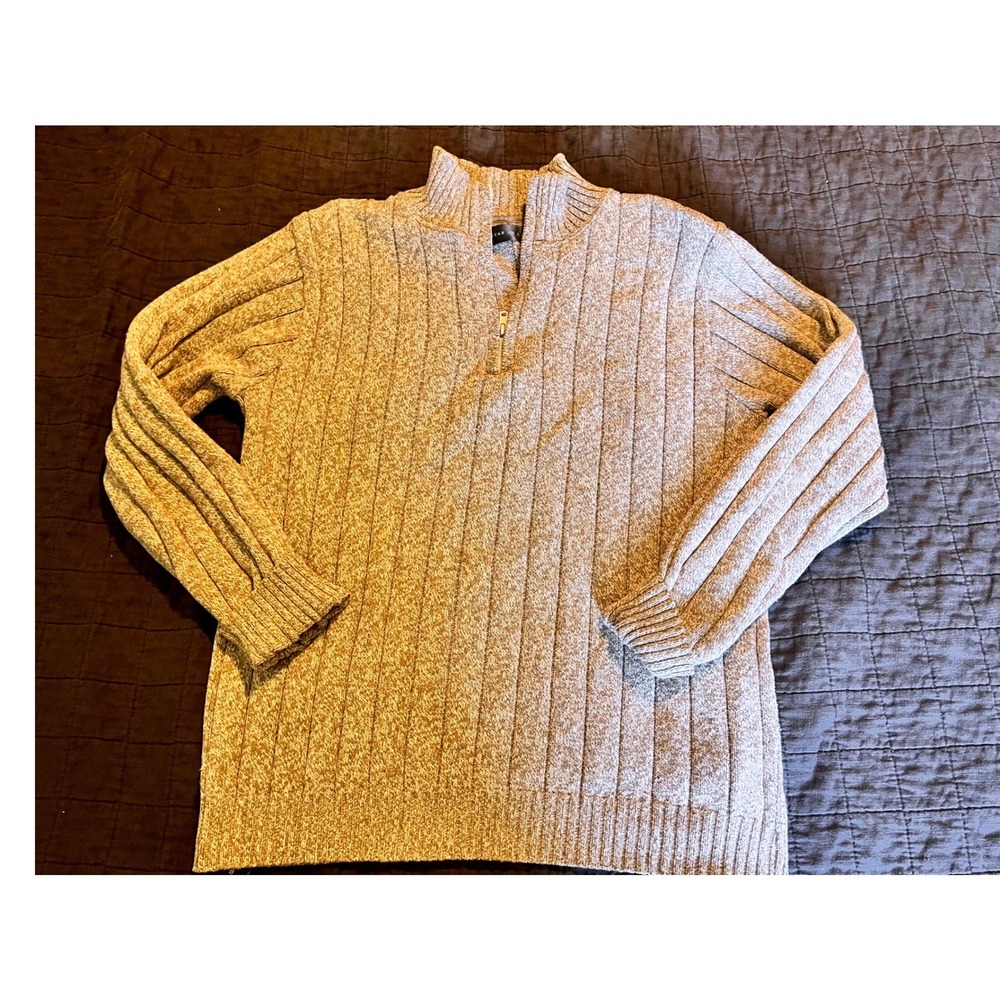 Oscar de la Renta Mens Quarter Zip Sweater Tan Ribbed Cotton Blend Large L